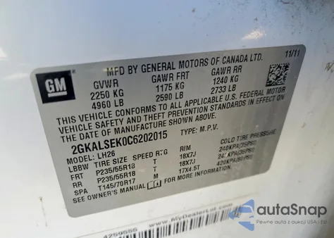 2012 GMC Terrain Sle z USA, uszkodzony, nr VIN 2GKALSEK0C6202015